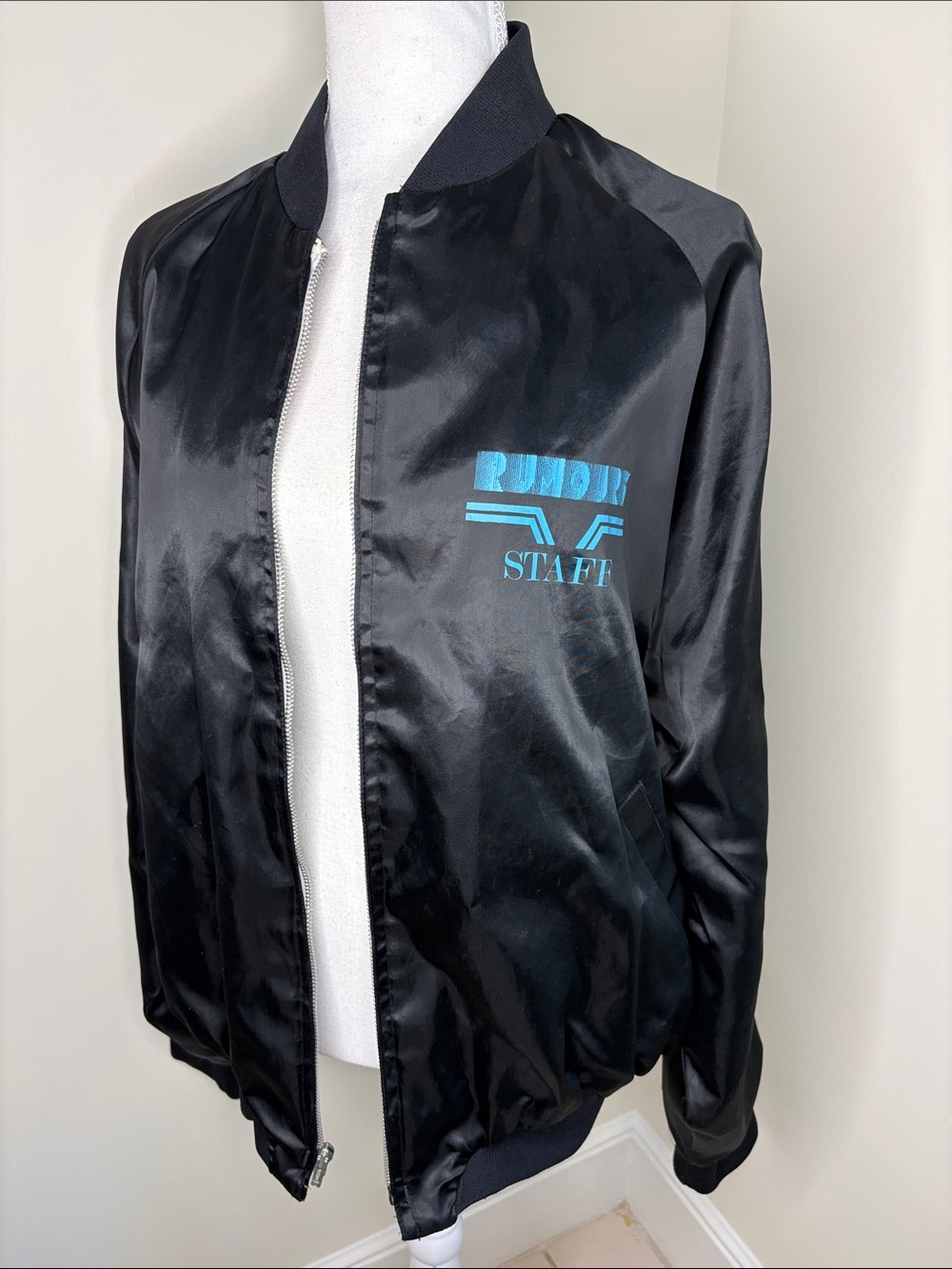 Columbia Black Zip Up Nylon Jacket with Bright Blue 'Rumours Staff’ Graphic